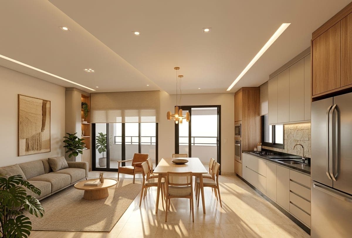 Simulação real: apartamento no contrapiso e a proposta de sala com cozinha integrada gerada pelo simulador — depois